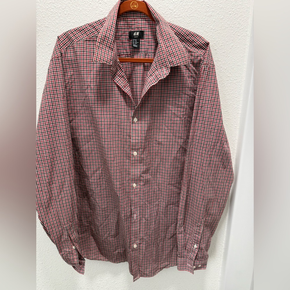 H&M Slimfit Easy Iron Black/Red/White Micro Plaid Long Sleeve Button Down Sz(2XL